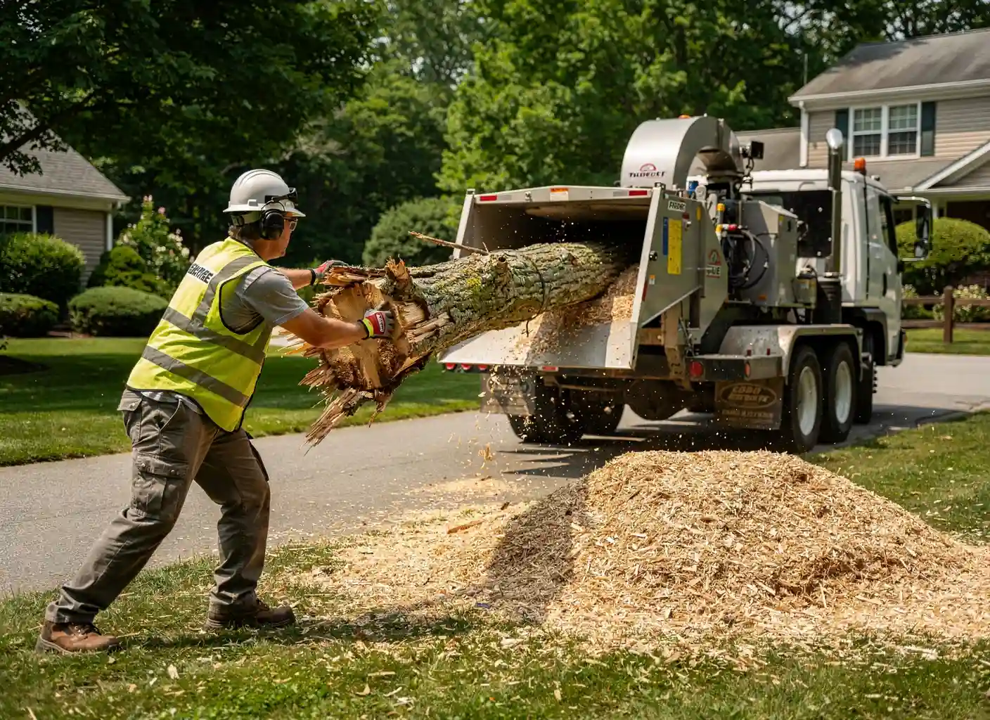 Crew feeding a wood chipper during a removal