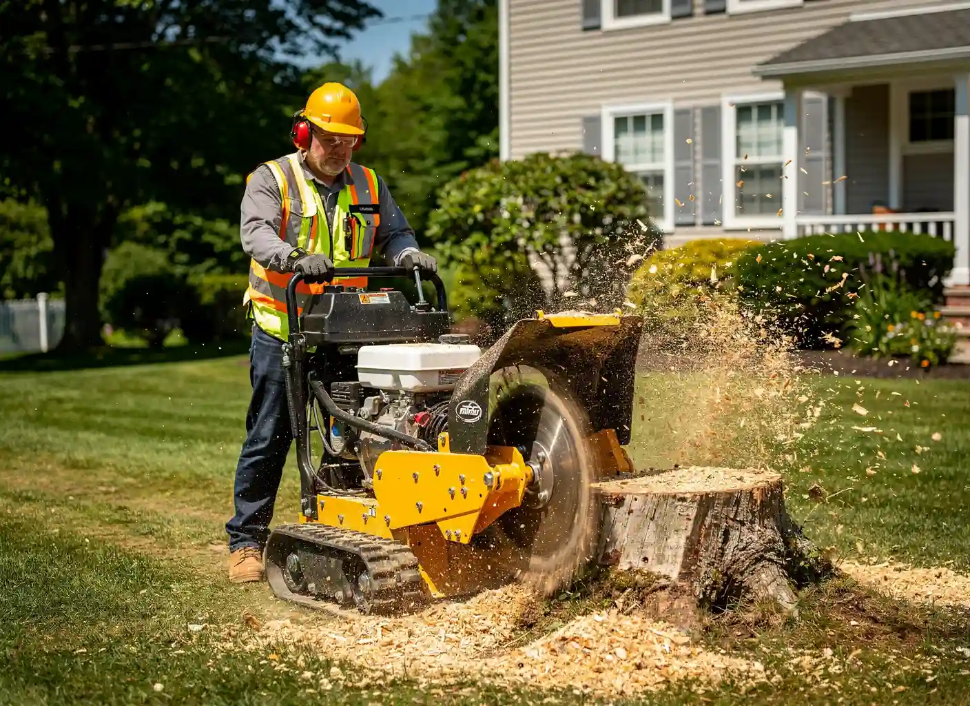 Stump grinder grinding a large tree stump in a residential yard