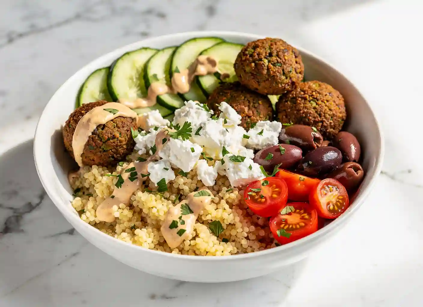 Mediterranean bowl with falafel, feta and tahini