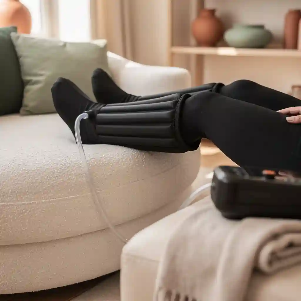 Legs in pneumatic compression boots on a lounge chair